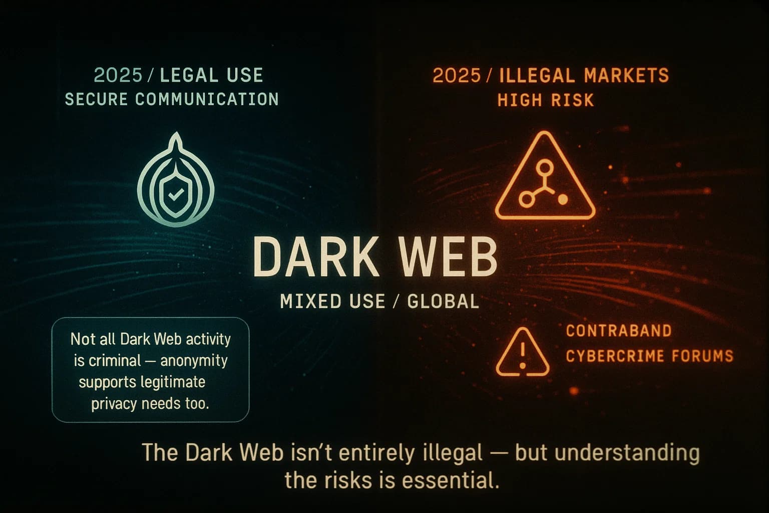 “A split-screen digital visualization shows legal uses of the Dark Web on one side and illegal activity on the other, highlighting the contrast and debunking the myth that everything on the Dark Web is unlawful.”