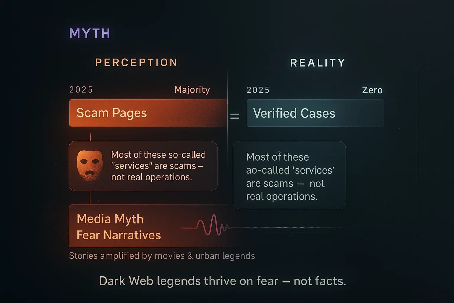 “A clean, data-driven visualization contrasts sensational Dark Web myths with factual evidence, showing that alleged services like hitmen and extreme content are scams or fictional narratives.”