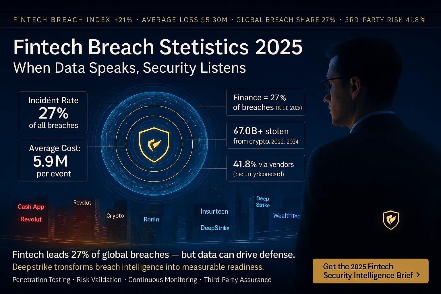 Digital illustration of a holographic data sphere displaying fintech breach metrics ($5.9M cost, 27% global share, $7B crypto losses) surrounded by a glowing DeepStrike shield representing security through analytics.