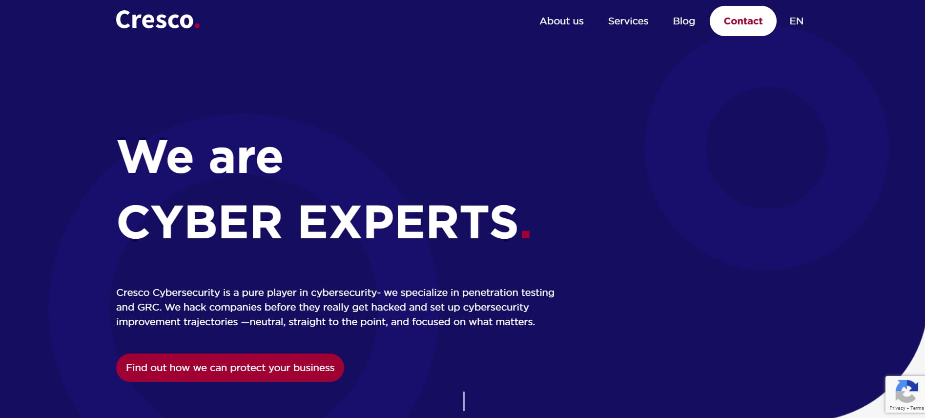 Cresco Cybersecurity Belgium homepage featuring tagline “We are Cyber Experts” with red and blue branding.