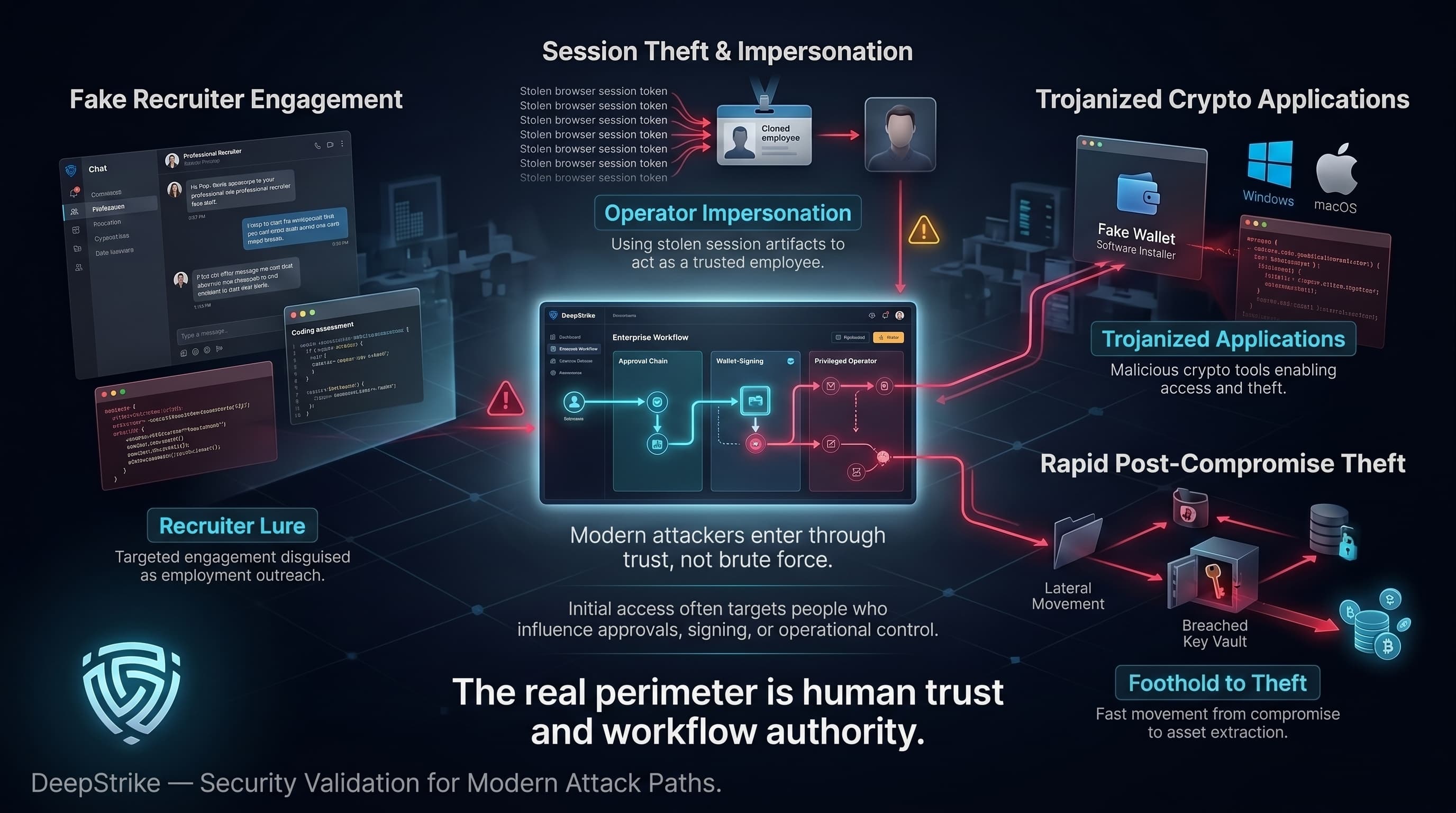 “A cybersecurity intelligence graphic shows a fake recruiter message delivering malware, stolen employee sessions impersonating a trusted operator, trojanized wallet software infecting systems, and rapid movement toward digital asset theft. The DeepStrike logo appears isolated in the lower-left corner.”