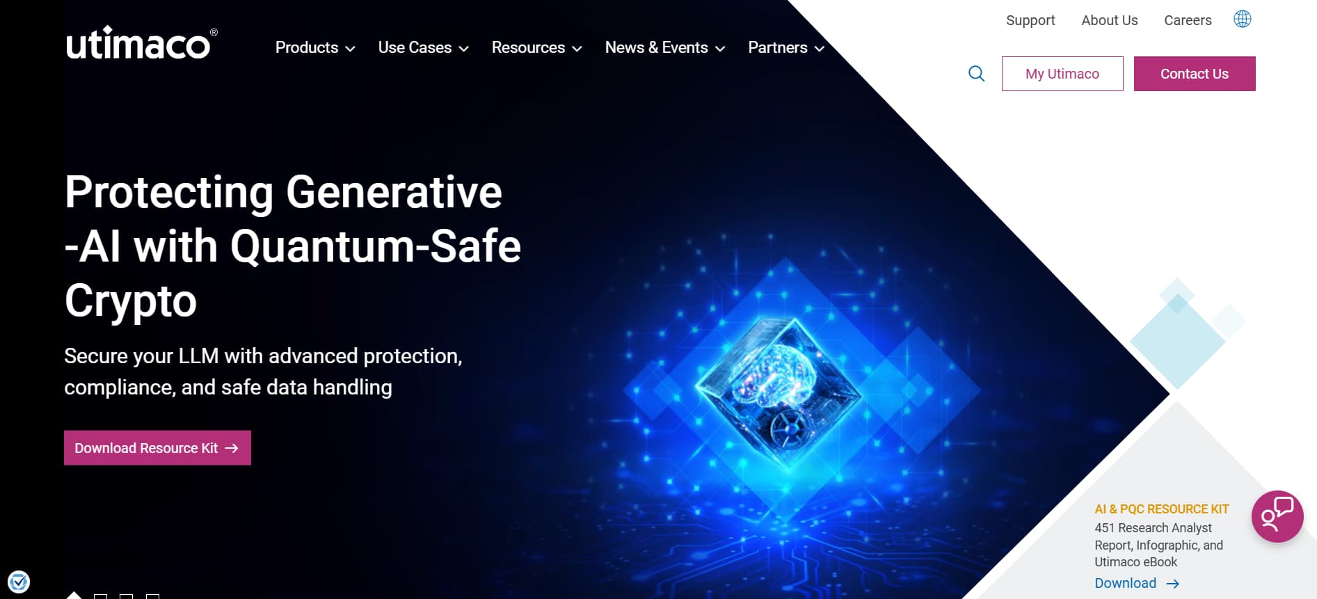 Utimaco homepage – Futuristic graphic illustrating quantum-safe cryptography for protecting generative AI.