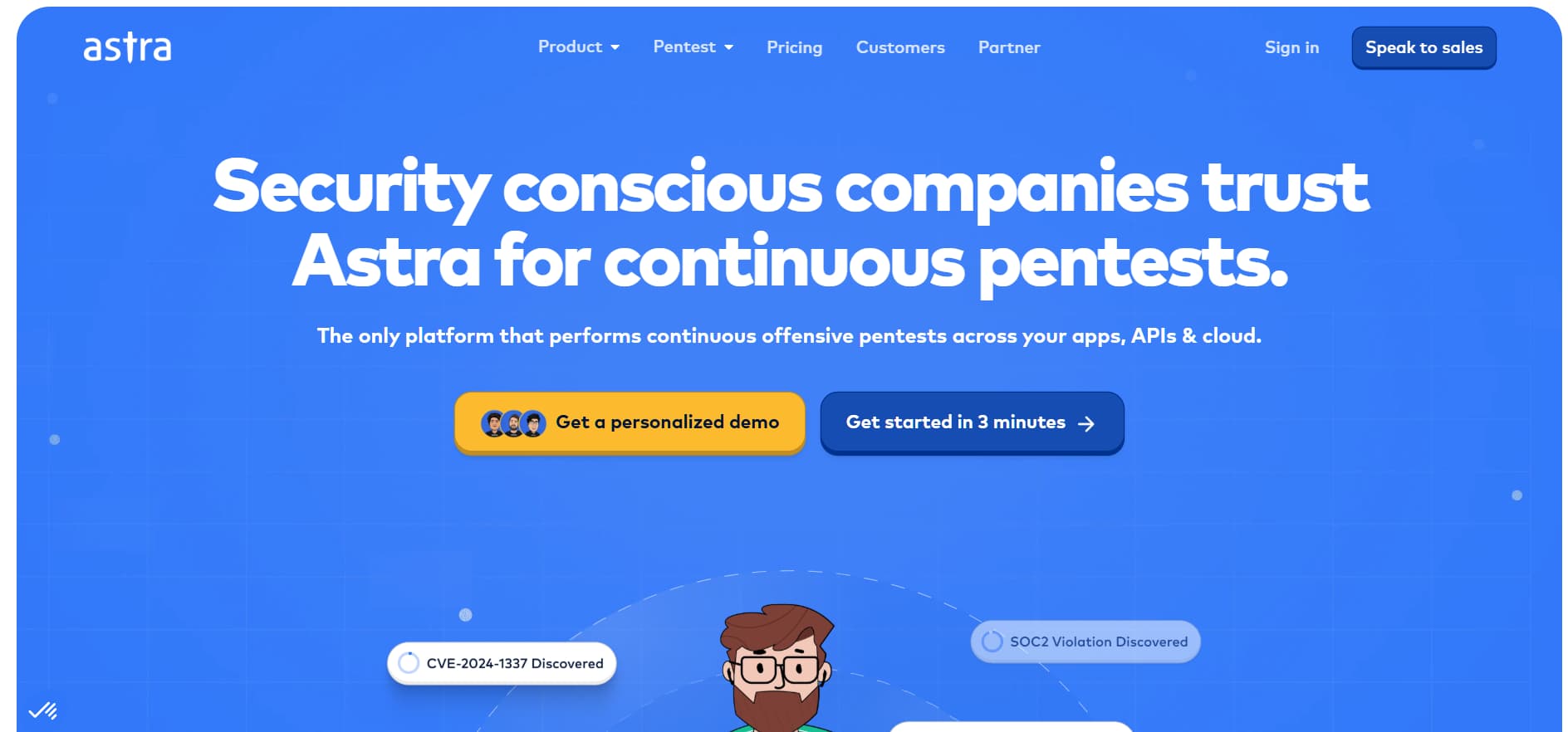 Alt: “Astra security platform homepage with blue gradient background, headline about continuous pentests, and demo and get-started buttons.”