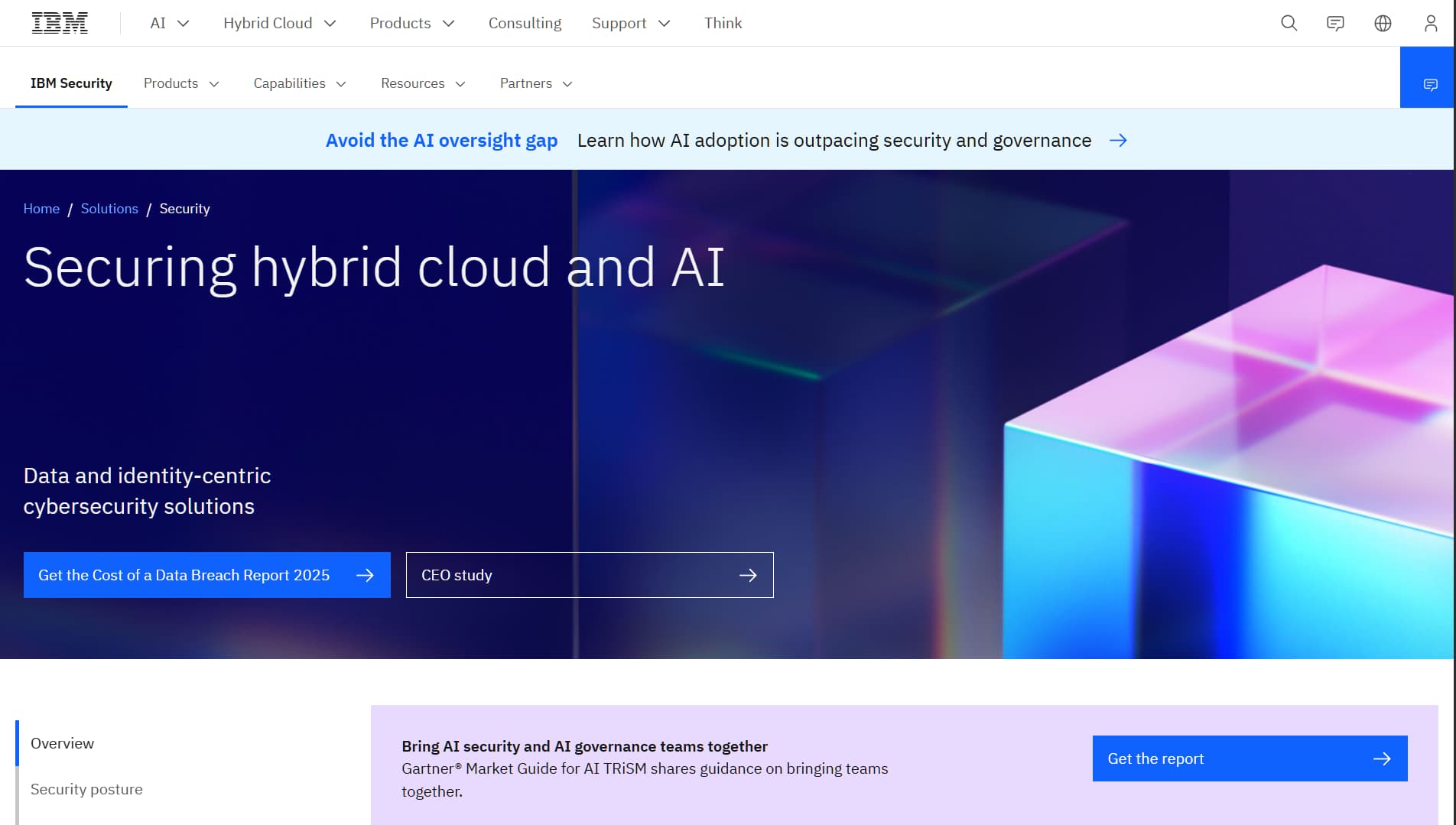 IBM Security homepage promoting hybrid cloud and AI protection with data-centric cybersecurity solutions and links to the Cost of a Data Breach Report 2025.”