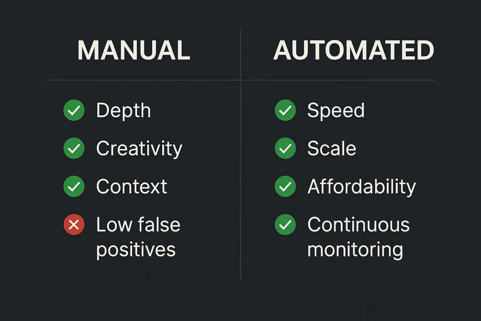 Comparison chart outlining the strengths and weaknesses of manual penetration testing versus automated penetration testing.