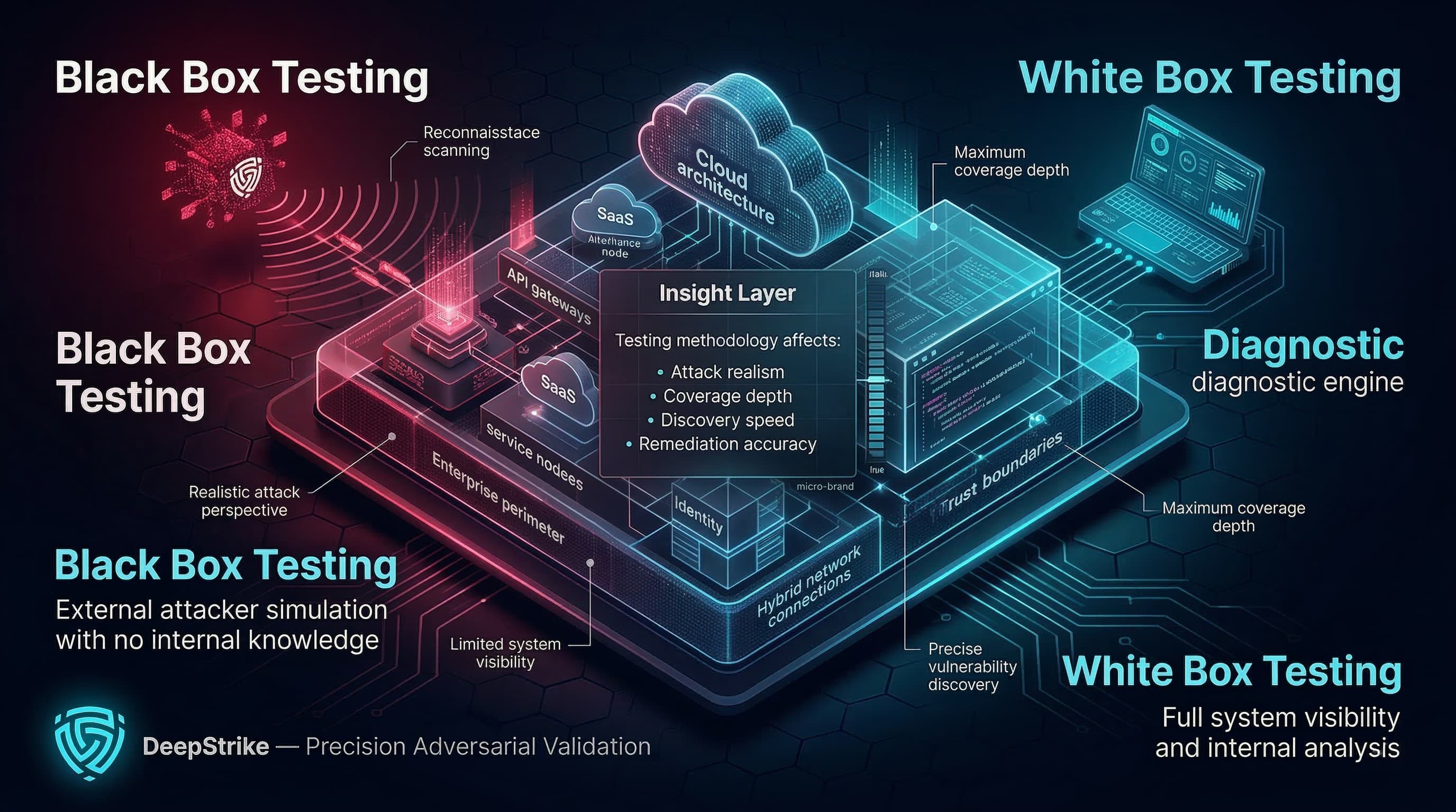 “A digital enterprise infrastructure appears in the center while two perspectives analyze it. On the left, a red external probe scans the system representing Black Box Testing. On the right, a cyan internal diagnostic engine examines transparent architecture layers representing White Box Testing. Text overlays explain differences in realism, visibility, and vulnerability discovery.”