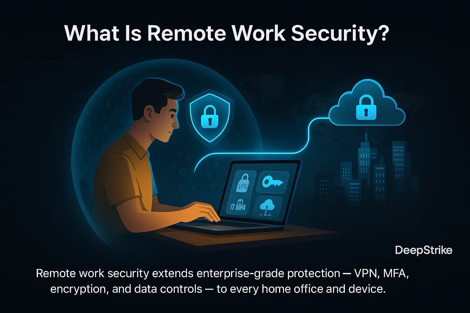 Dark-themed illustration showing a remote employee working securely from home, protected by a glowing digital shield. A cyan VPN tunnel connects the laptop to a corporate cloud network, symbolizing enterprise-grade protections such as multi-factor authentication, encryption, and secure remote access for distributed workforces in 2025.