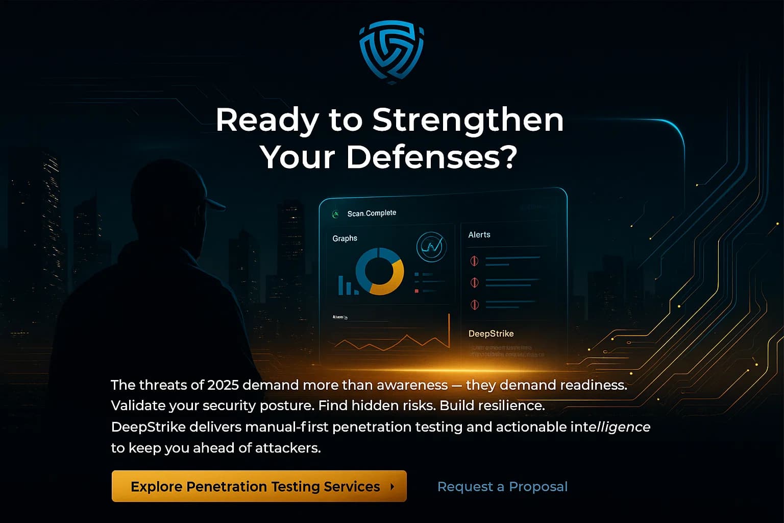 “Dark futuristic city with glowing gold and blue data lines symbolizing cybersecurity readiness. DeepStrike call-to-action banner reading ‘Ready to Strengthen Your Defenses?’.”
