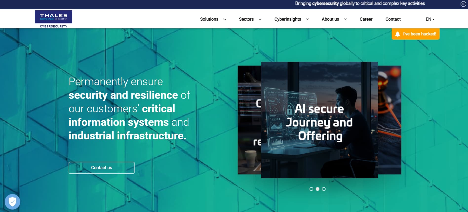 Green and teal corporate banner stating “Permanently ensure security and resilience of our customers’ critical information systems,” with a call-to-action “Contact us” button and an AI security graphic on the right.