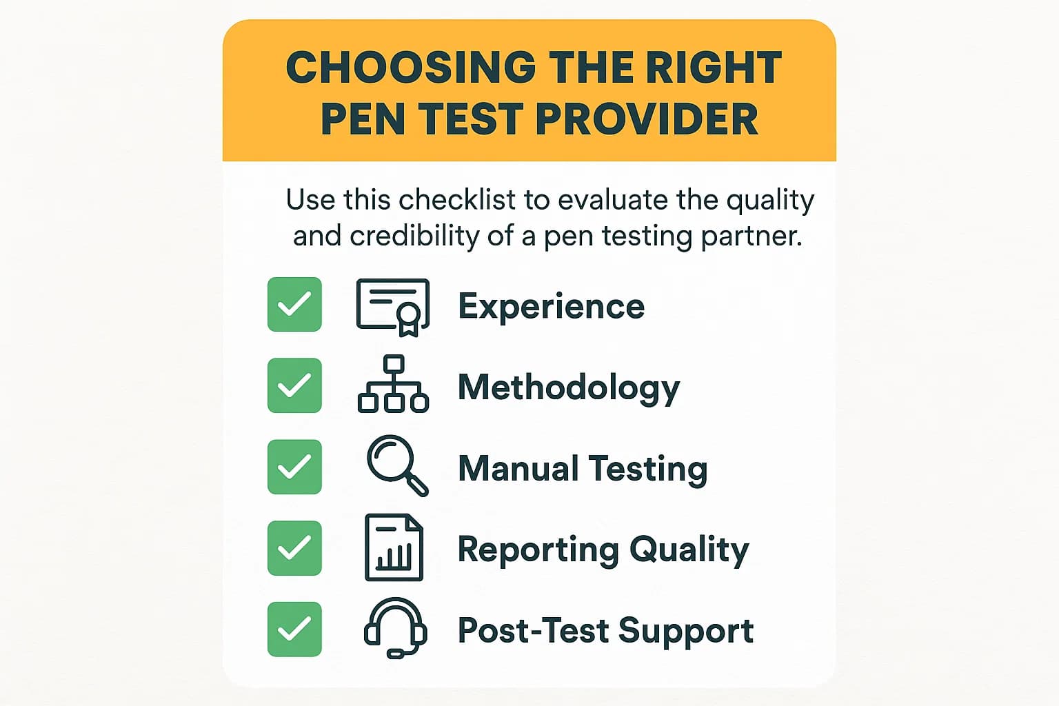 Checklist graphic with icons representing experience, methodology, manual testing, reporting quality, and post-test support.