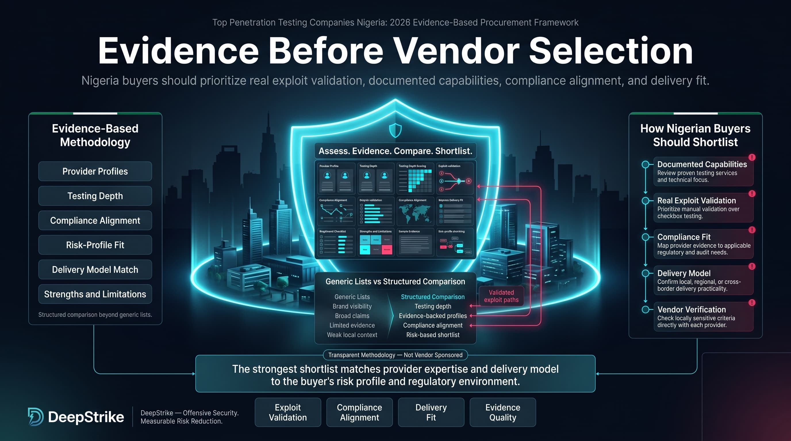 “A premium cybersecurity vendor-comparison dashboard for Nigeria shows a futuristic Lagos enterprise environment protected by a glowing shield. Evidence-based ranking methodology appears on the left, Nigerian buyer shortlist logic and structured comparison panels appear on the right, and decision tiles appear in the lower center. The lower-right corner is intentionally empty for watermark removal.”