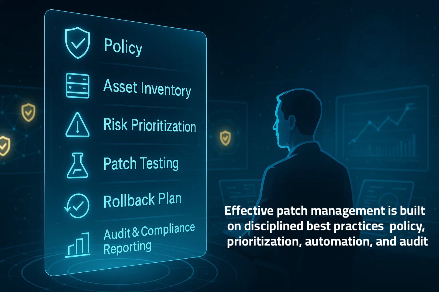 Holographic cybersecurity checklist interface showing best practices for patch management with icons for policy, testing, rollback, and automation.