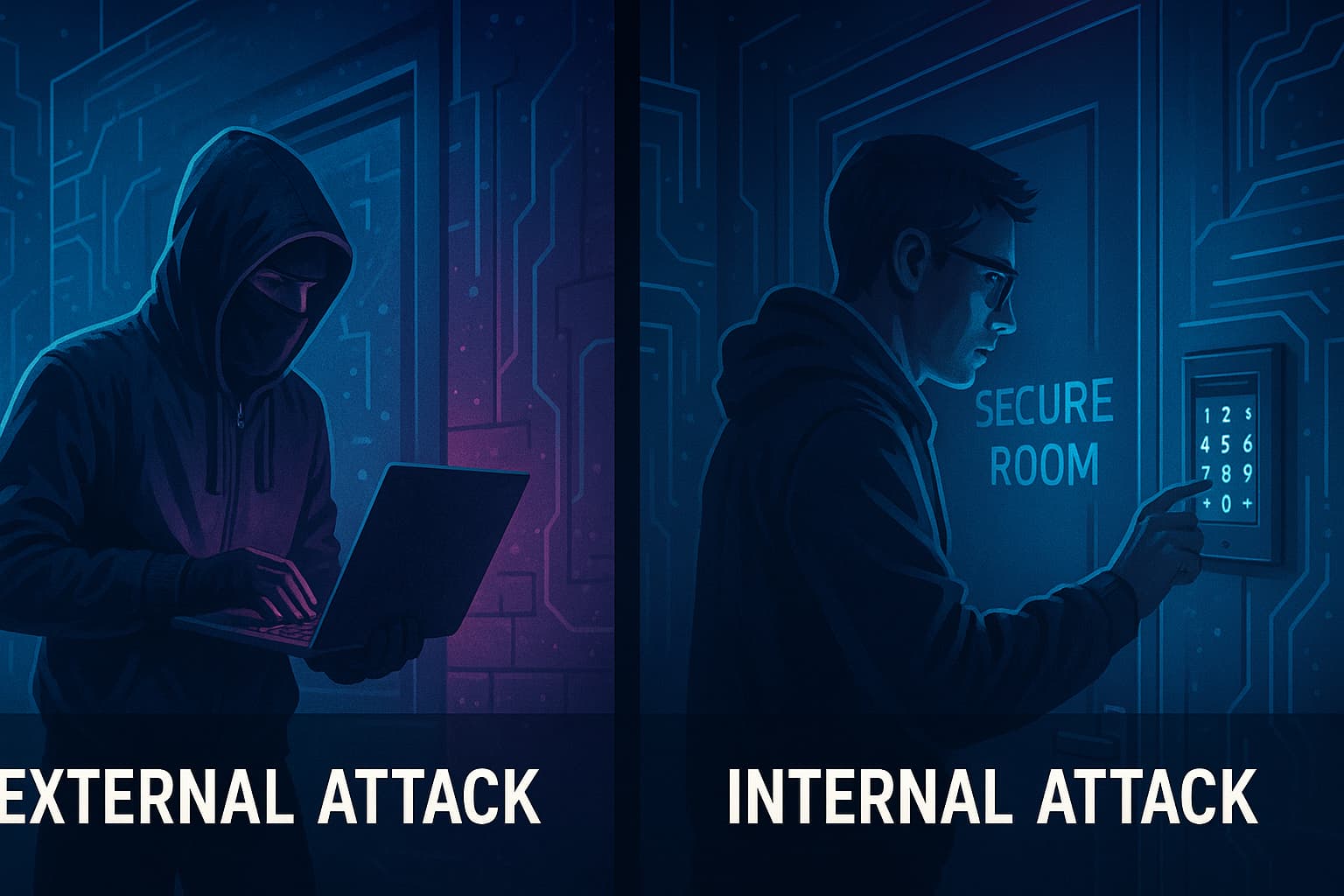 Illustration showing the difference between external attacks from hackers and internal threats from within a network.
