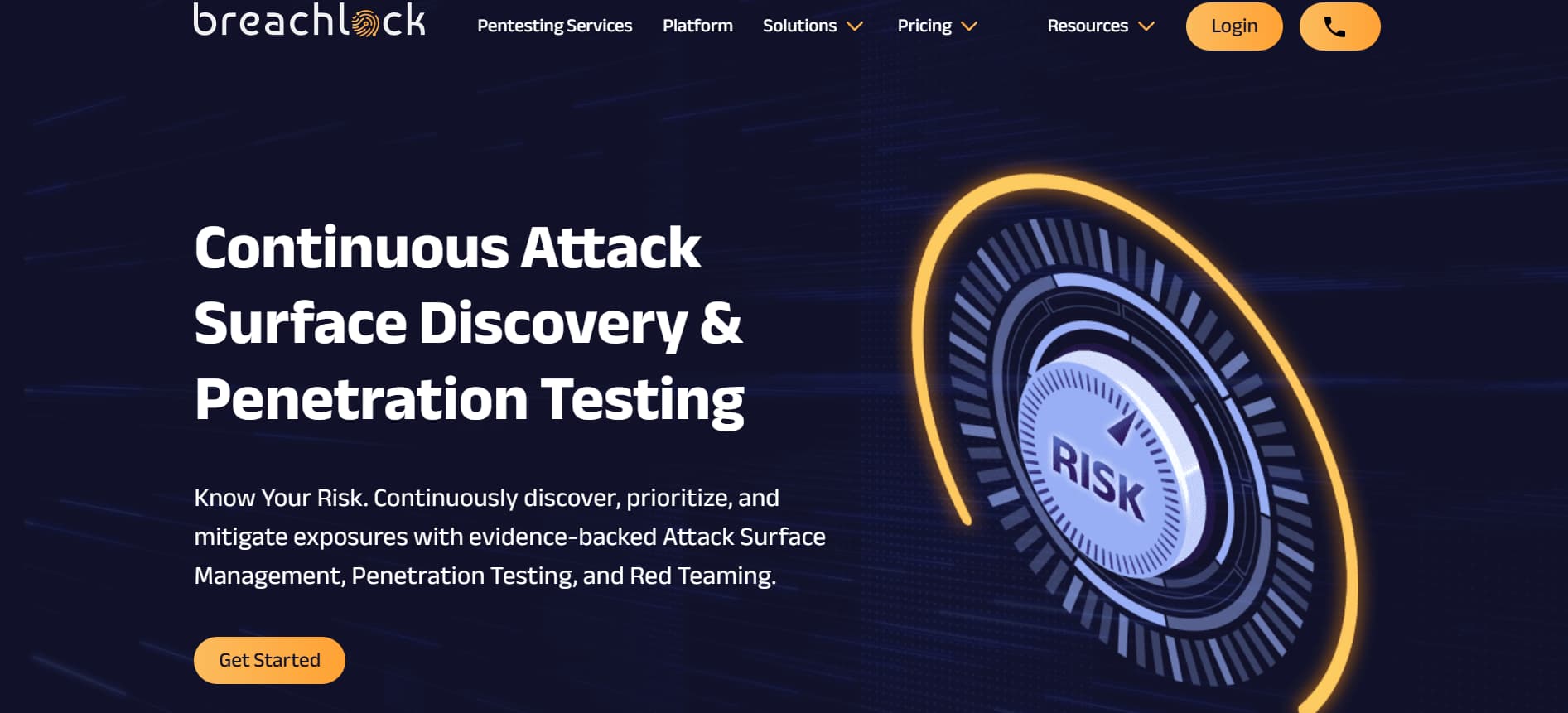 Website hero promoting continuous attack surface discovery and penetration testing, highlighting risk identification, prioritization, and mitigation.