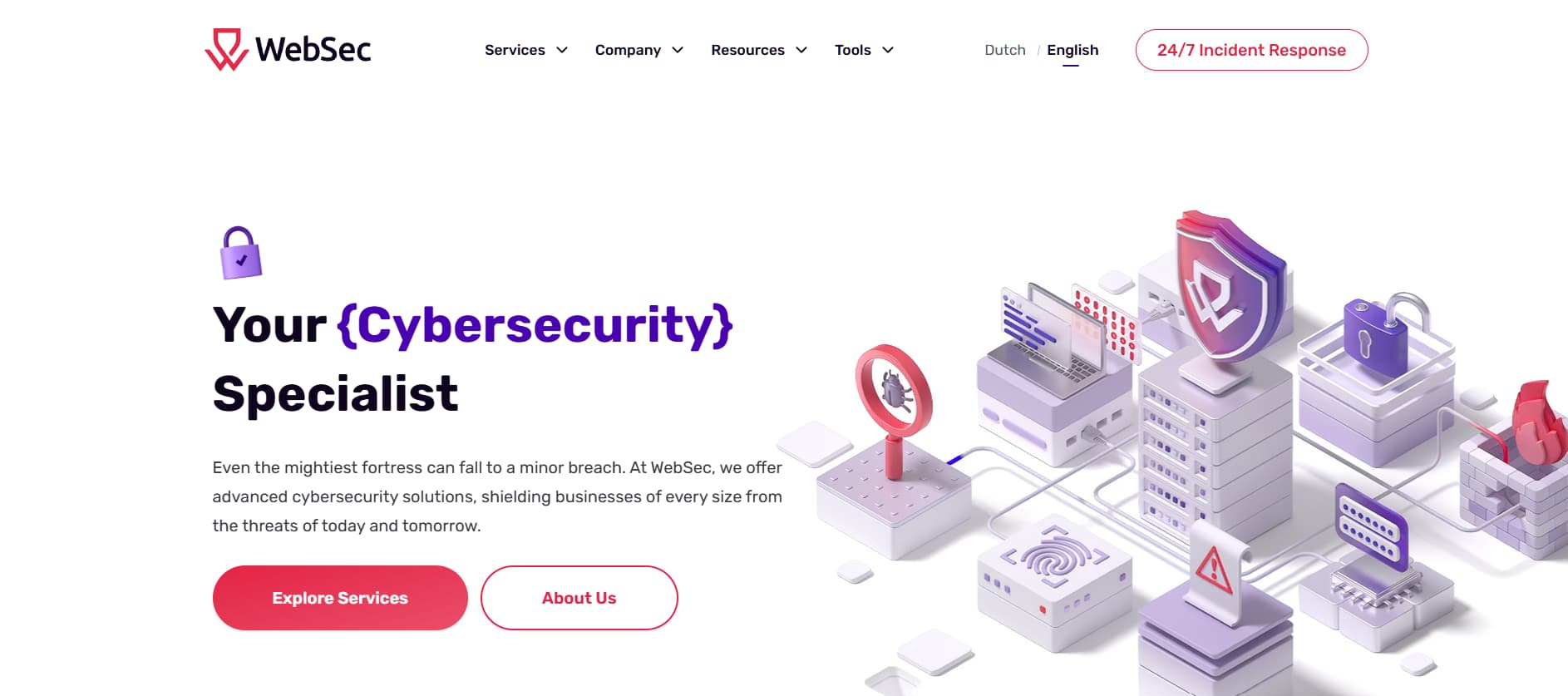 Light themed cybersecurity website featuring isometric 3D illustrations of servers, shields, locks, and devices with the headline “Your Cybersecurity Specialist.”