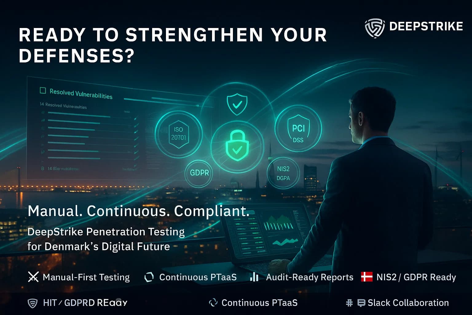 “Cybersecurity engineer reviewing holographic pentesting dashboard above Copenhagen skyline with NIS2, ISO 27001, and GDPR symbols, representing readiness and compliance in Denmark’s 2025 cybersecurity landscape.”