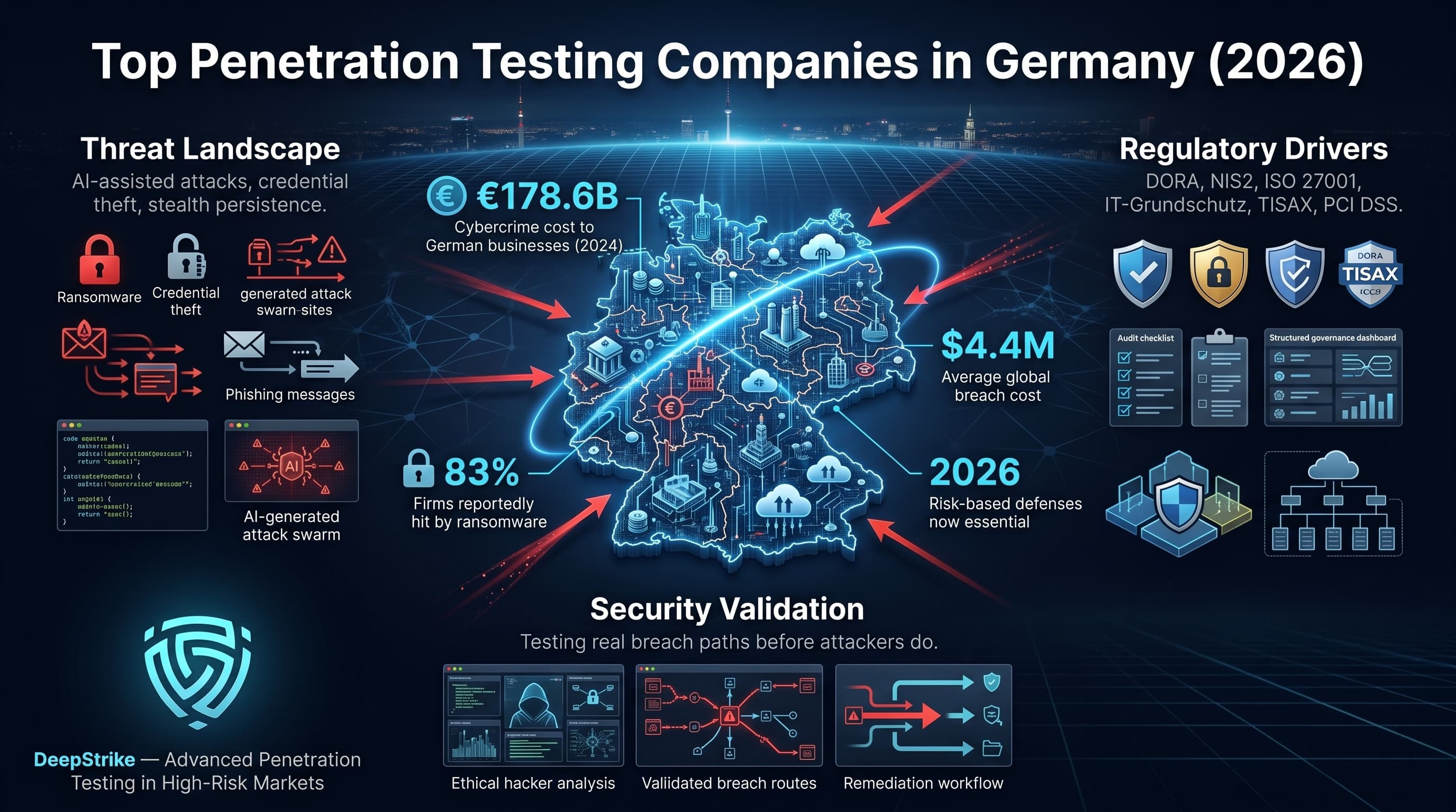 “A digital map of Germany glows with network nodes while red cyber attack vectors target the country. Blue security scan lines sweep across infrastructure as statistics show cybercrime losses, ransomware pressure, and the need for penetration testing in Germany.”