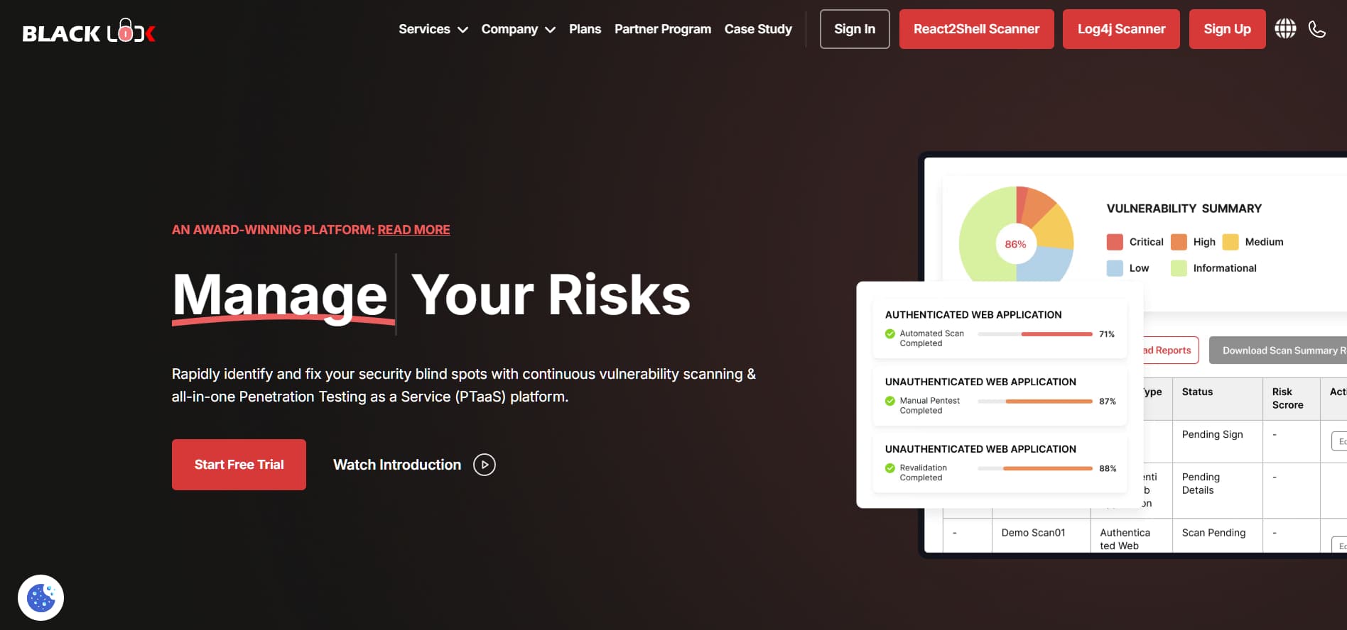 Blacklock penetration testing as a service platform dashboard showing vulnerability scanning and risk management interface
