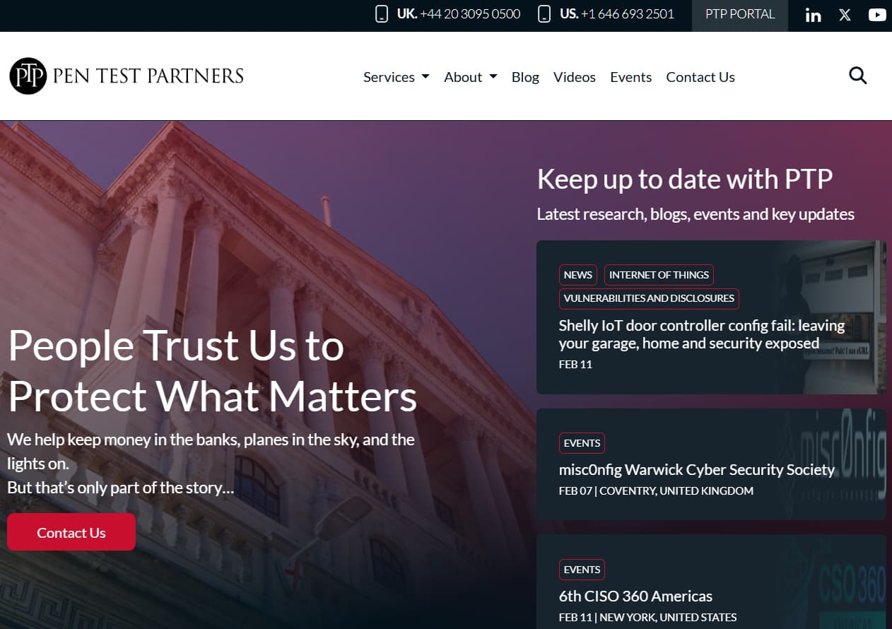 Pen Test Partners homepage featuring government building background, cybersecurity services text, and contact button.