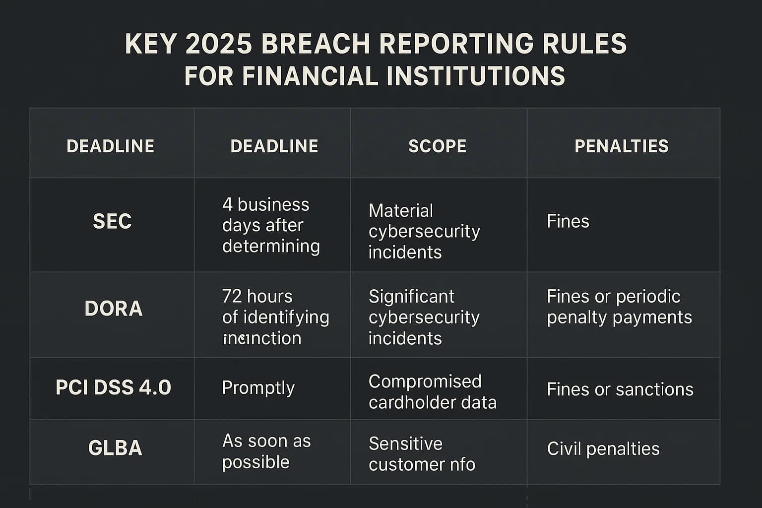Dark-themed table comparing SEC, DORA, PCI DSS 4.0, and GLBA breach reporting timelines and requirements.