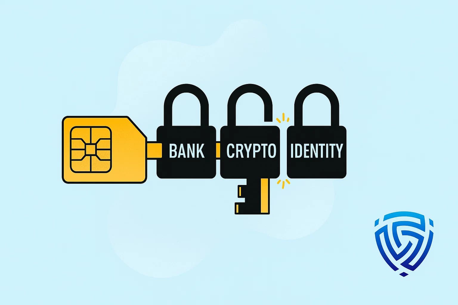 Illustration showing a SIM card as a golden key unlocking bank, crypto, and identity accounts, symbolizing SIM swap risks.