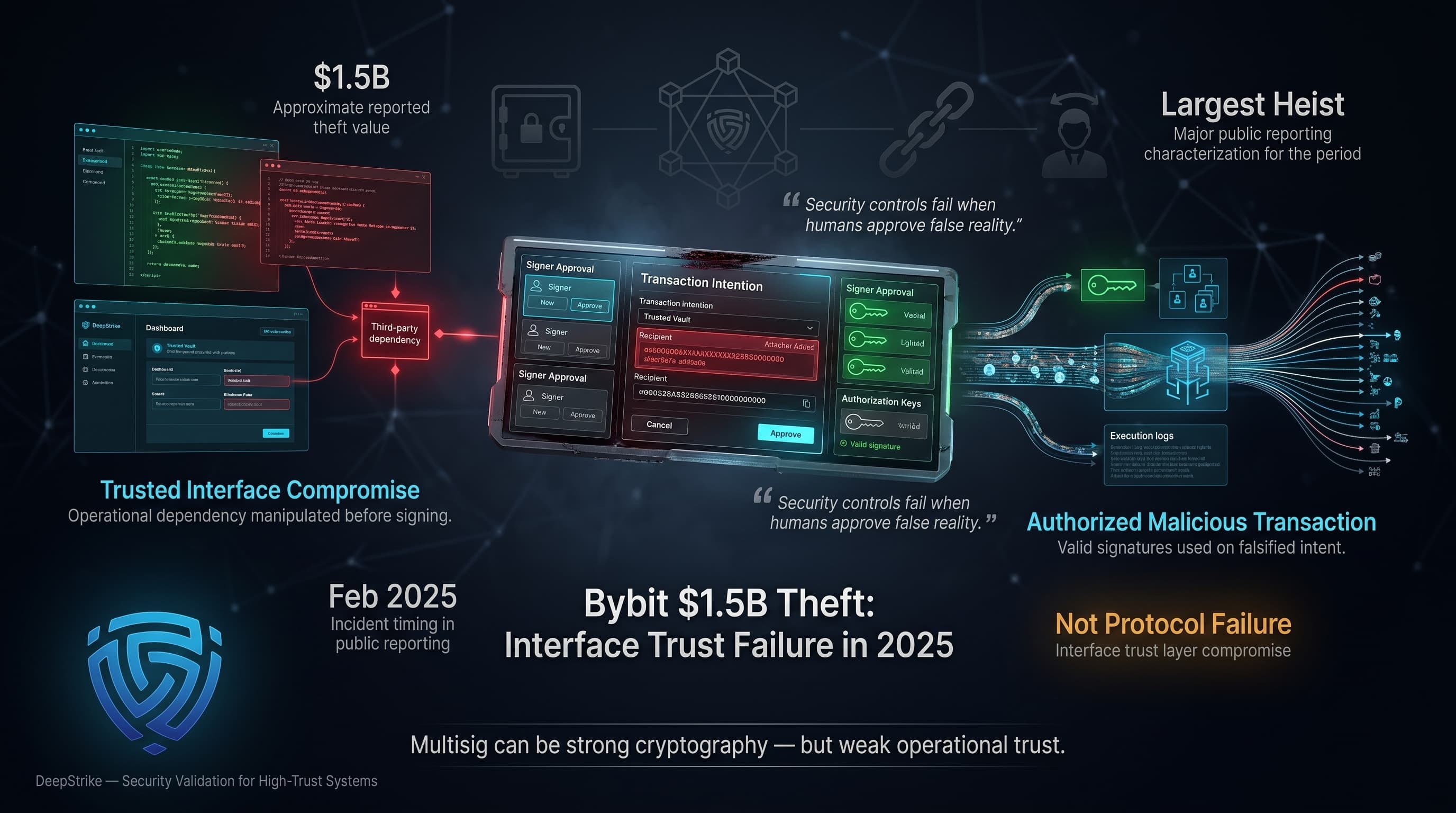 “A cinematic cybersecurity visualization shows a crypto approval console where authorized signers approve a transaction while hidden malicious code redirects funds. Statistics reference the $1.5B Bybit theft, and the DeepStrike logo appears isolated in the lower-left corner.”