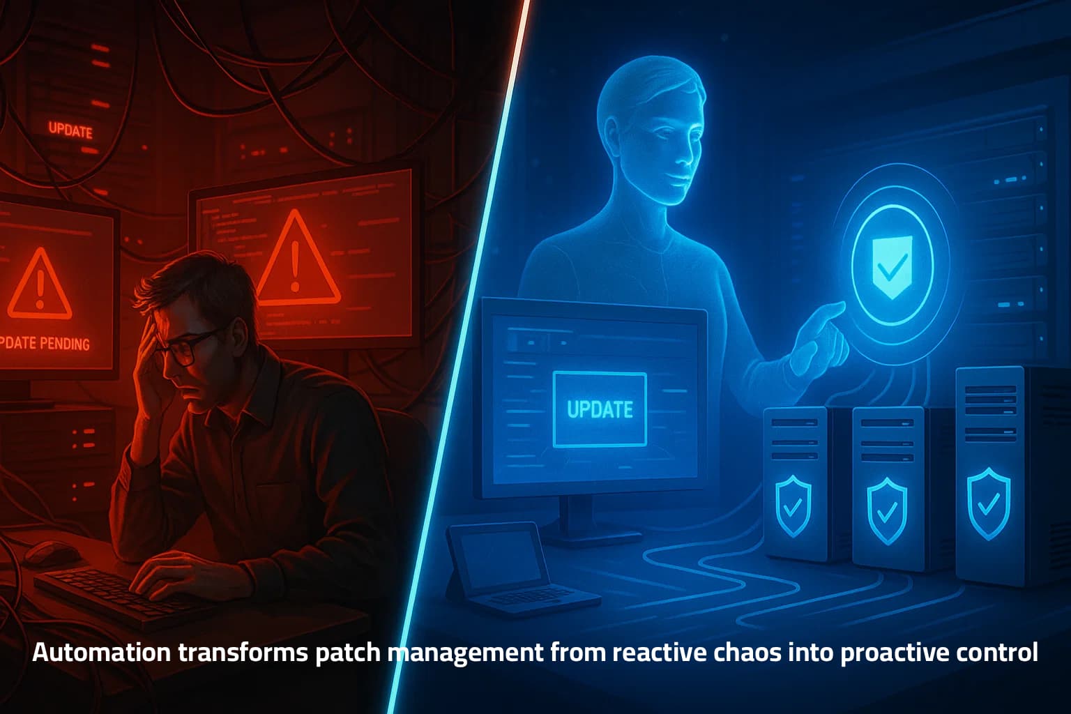 Split-screen comparison showing manual patching chaos on one side and automated, AI-driven patch orchestration on the other