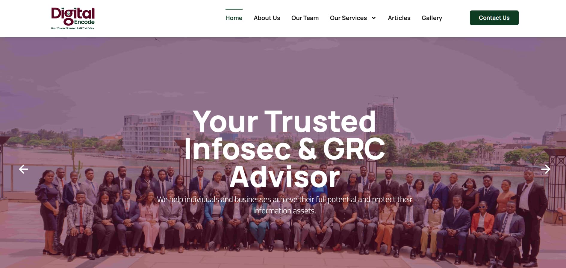 Digital Encode cybersecurity team group photo with “Your Trusted Infosec & GRC Advisor” banner and corporate skyline background.