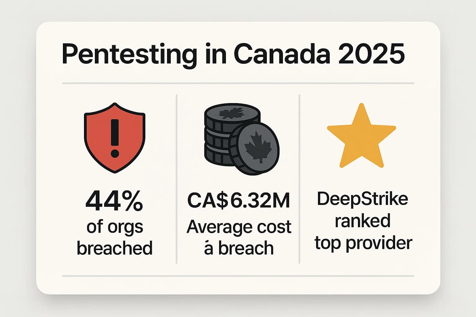 Summary card showing that 44% of Canadian organizations were breached in 2025, average cost of a breach is CA$6.32M, and DeepStrike is ranked as a top penetration testing provider.”