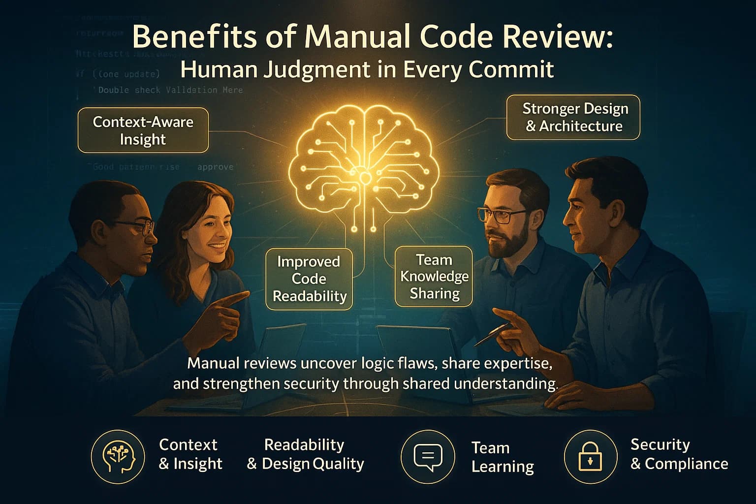 Digital illustration of developers collaborating around a holographic code display with highlighted benefits like insight, readability, and knowledge sharing, representing the advantages of manual code review.