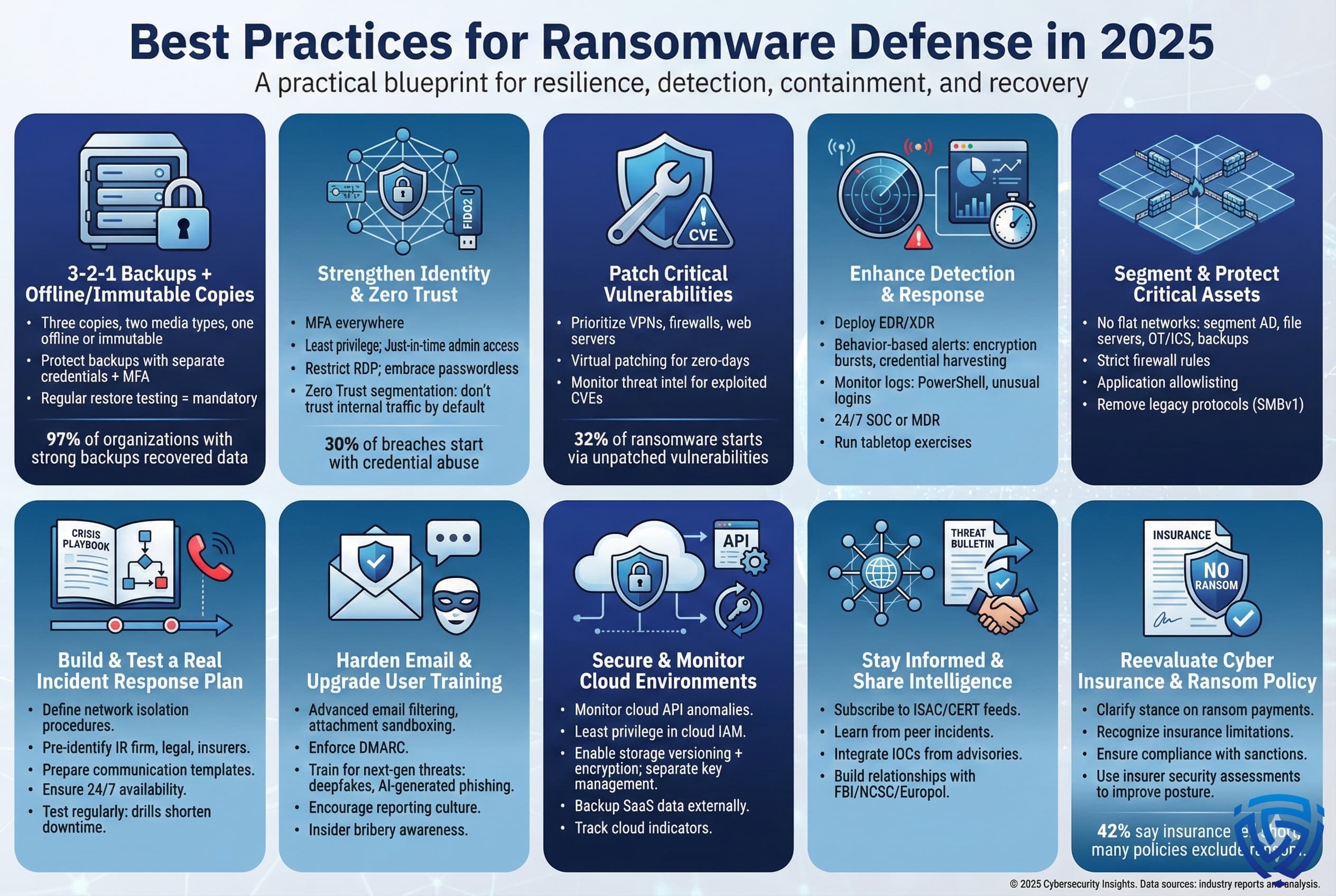 A structured infographic titled “Best Practices for Ransomware Defense in 2025.” It contains ten panels listing cybersecurity recommendations: 3-2-1 backups, zero trust identity, patching vulnerabilities, advanced detection and response, network segmentation, incident response planning, secure cloud security, enhanced email security training, staying informed through intelligence sharing, and reviewing cyber-insurance policies. Each panel includes brief statistics, such as “97% recovered with strong backups,” “30% of breaches start with credential abuse,” and “32% of ransomware begins with unpatched vulnerabilities.”