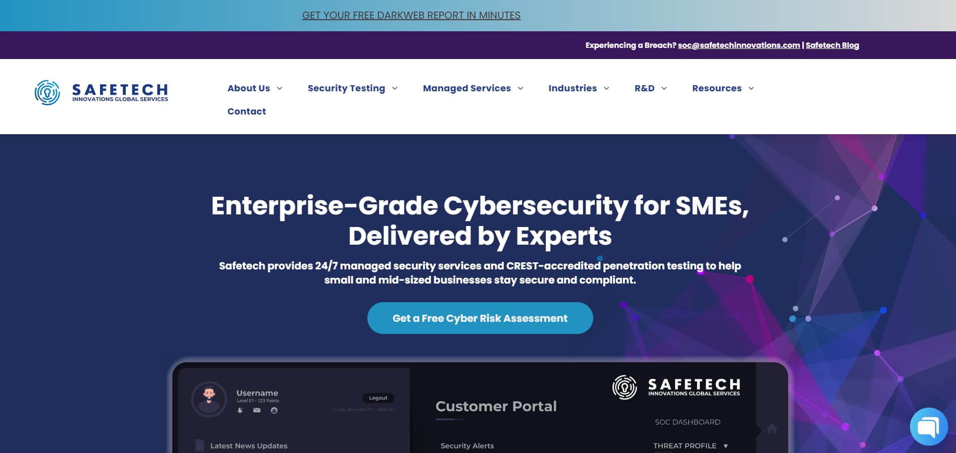 Homepage hero promoting “Enterprise-Grade Cybersecurity for SMEs, Delivered by Experts,” featuring “Get a Free Cyber Risk Assessment” button and customer portal preview.