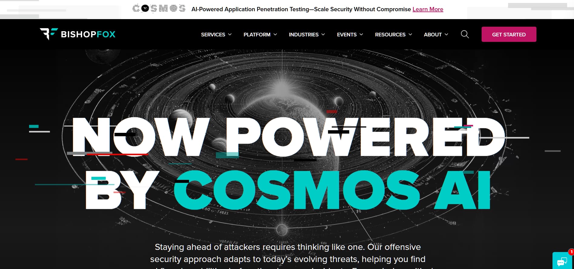 “Bishop Fox homepage featuring ‘Now Powered by Cosmos AI’ headline over space-themed graphic promoting AI-driven offensive security.”