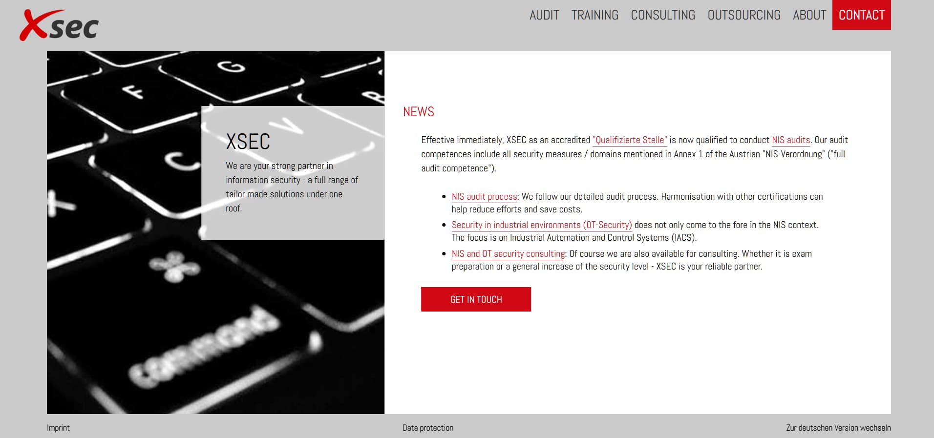 XSEC website announcing qualification for NIS audits with information security services and contact button.