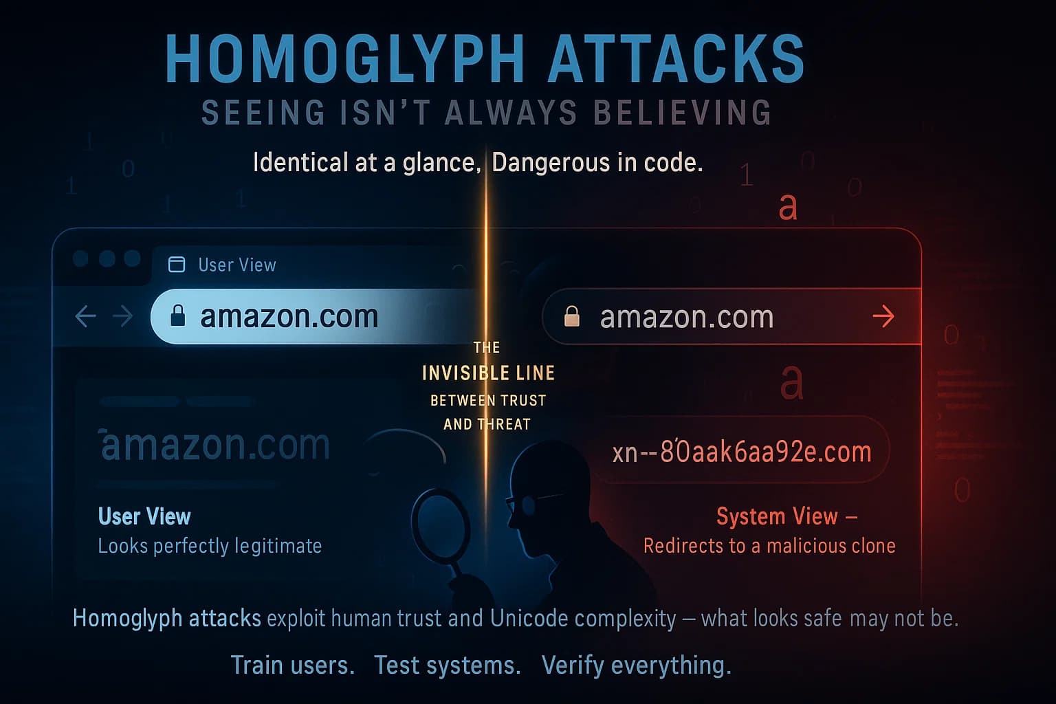 Infographic showing “amazon.com” appearing normal on one side and revealing Cyrillic characters and Punycode translation on the other, symbolizing homoglyph-based phishing deception.