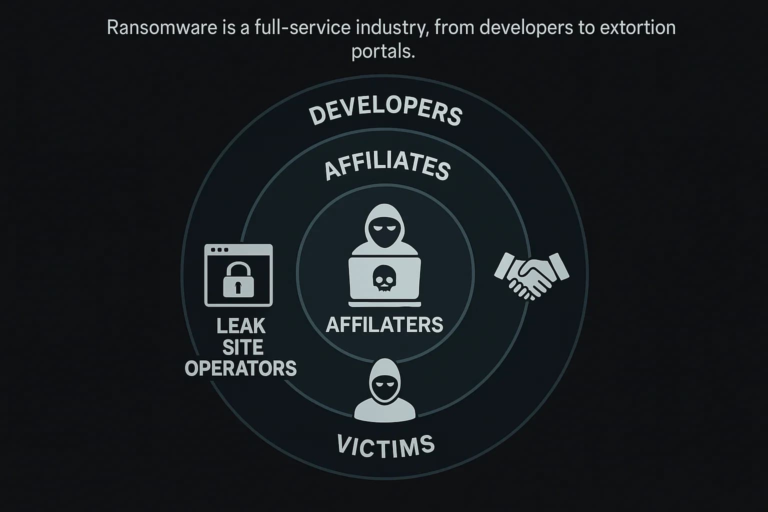Illustration of RaaS supply chain: developers, affiliates, brokers, leak site operators, and victims.