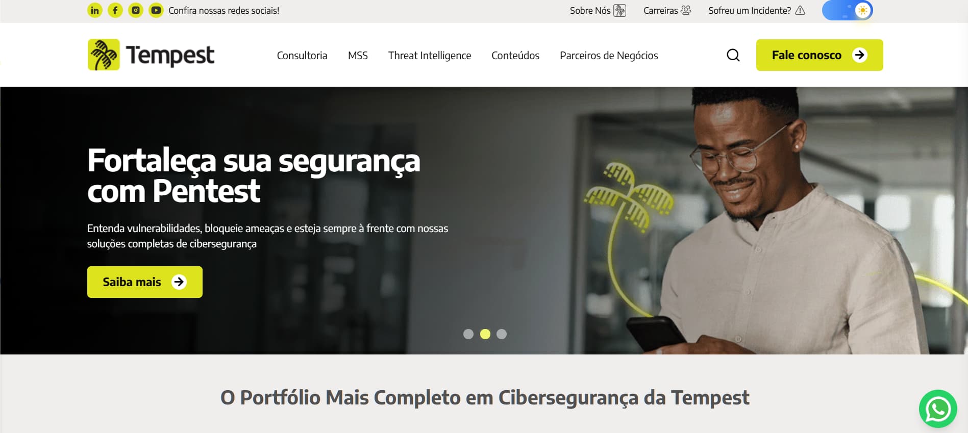 Alt text: Brazilian cybersecurity website promoting pentesting services with the headline “Fortaleça sua segurança com Pentest” and a yellow call-to-action button.