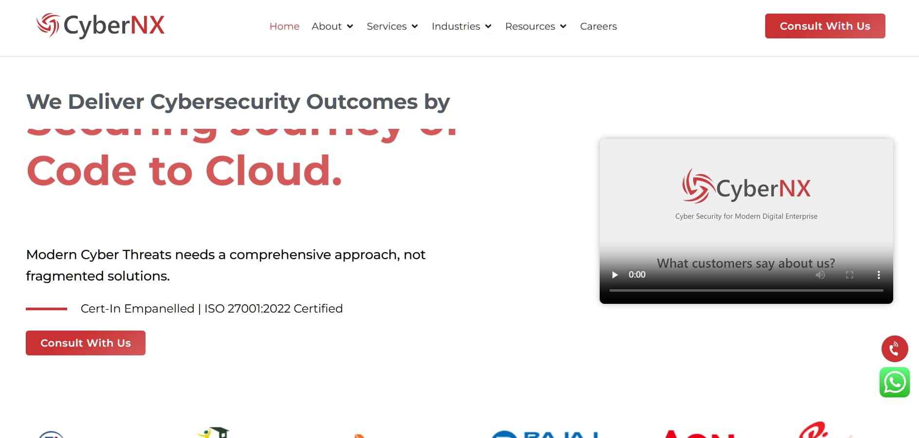 Alt: “CyberNX cybersecurity consulting website showing ‘Securing Security of Code to Cloud’ headline with video testimonial preview.”