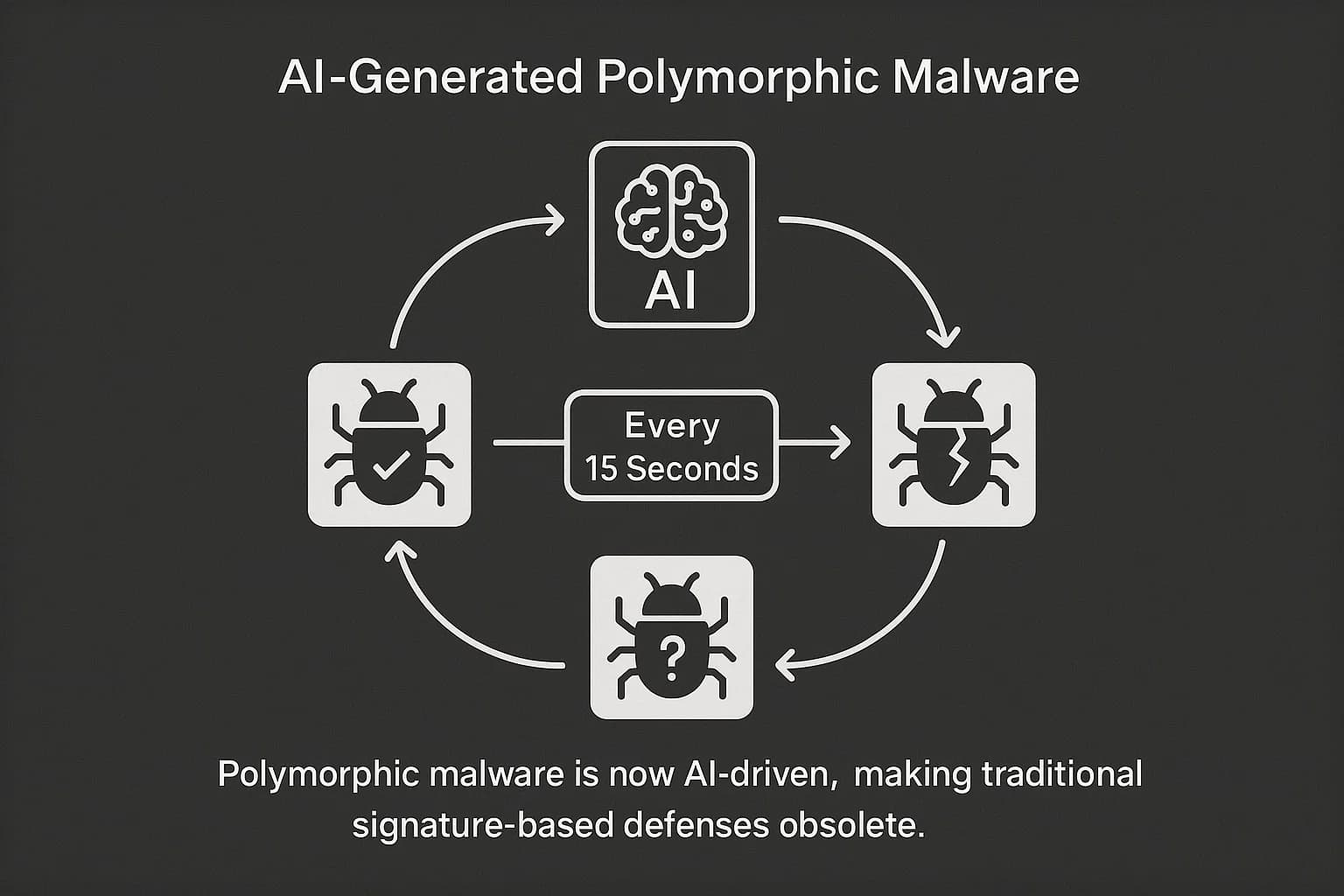 Diagram showing AI-generated polymorphic malware continuously changing its code and appearance to evade detection.