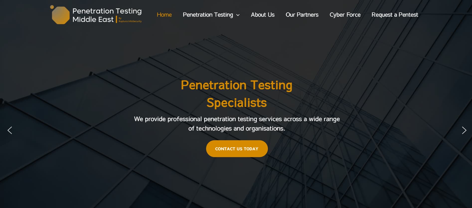Homepage of Penetration Testing Middle East by Ruptura InfoSecurity, featuring a dark background with glass building lines and the headline “Penetration Testing Specialists” in orange text.