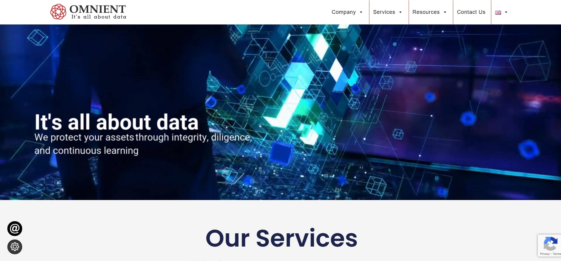 Homepage banner with headline “It’s all about data” over abstract digital cube graphics; navigation bar and services section preview below.
