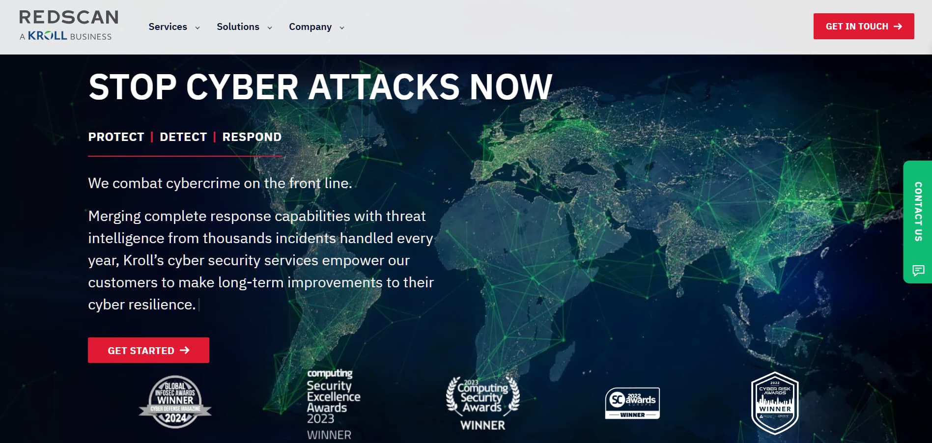 Redscan Kroll cybersecurity services homepage with world map network visualization and “Stop Cyber Attacks Now” headline