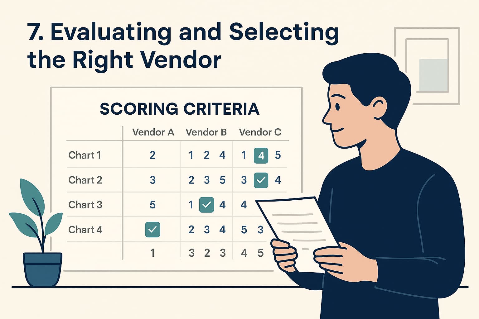 Image of a person reviewing documents or a comparison chart infographic showing scoring criteria.