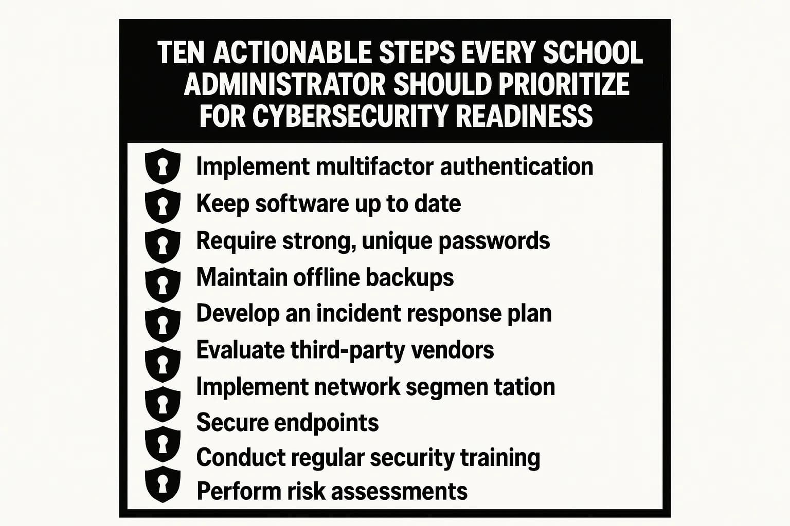 Checklist graphic of ten key cybersecurity actions for schools, including MFA, patching, backups, and incident response