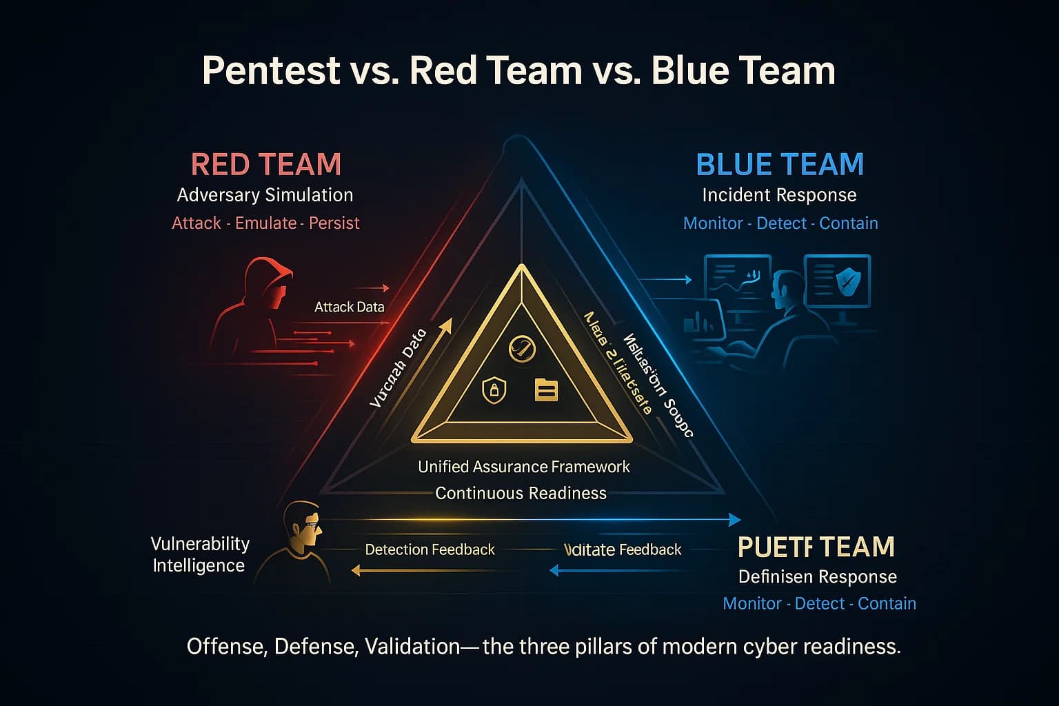 Infographic depicting a triangle connecting Red Team (offense), Blue Team (defense), and Penetration Testing (validation) with data flows between them, representing continuous improvement in SOC 2 security readiness.