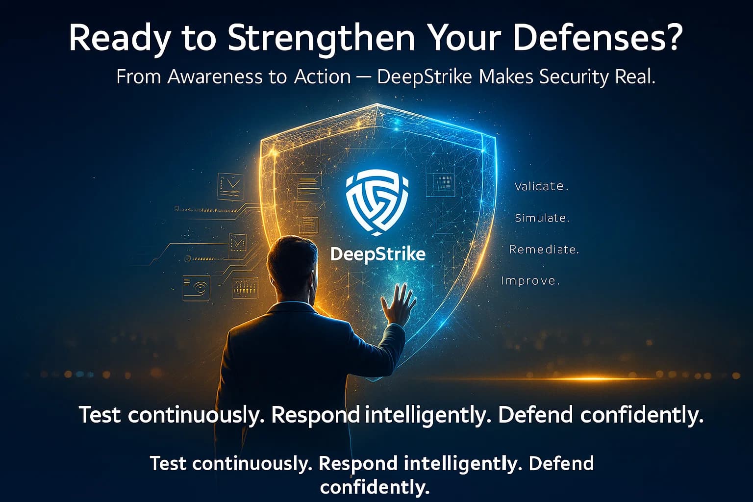 Digital illustration of a cybersecurity professional activating a glowing holographic shield with data streams converging toward the DeepStrike logo, representing proactive penetration testing and resilience.