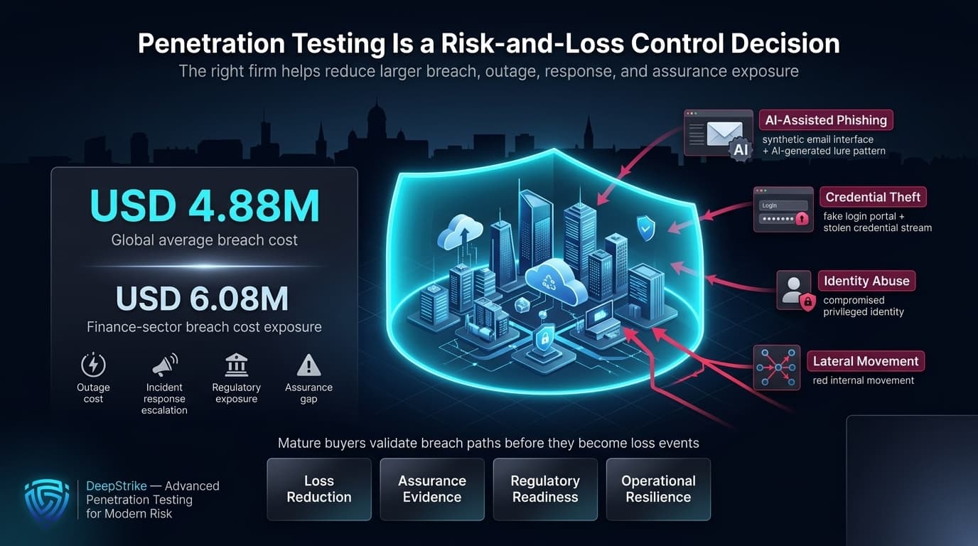 “A premium cybersecurity visualization shows a Finnish enterprise environment protected by a glowing shield while AI phishing, credential theft, identity abuse, and lateral movement attack paths approach. Breach cost panels show USD 4.88 million global average breach cost and USD 6.08 million finance-sector exposure, with empty safe space reserved in the lower-right corner.”