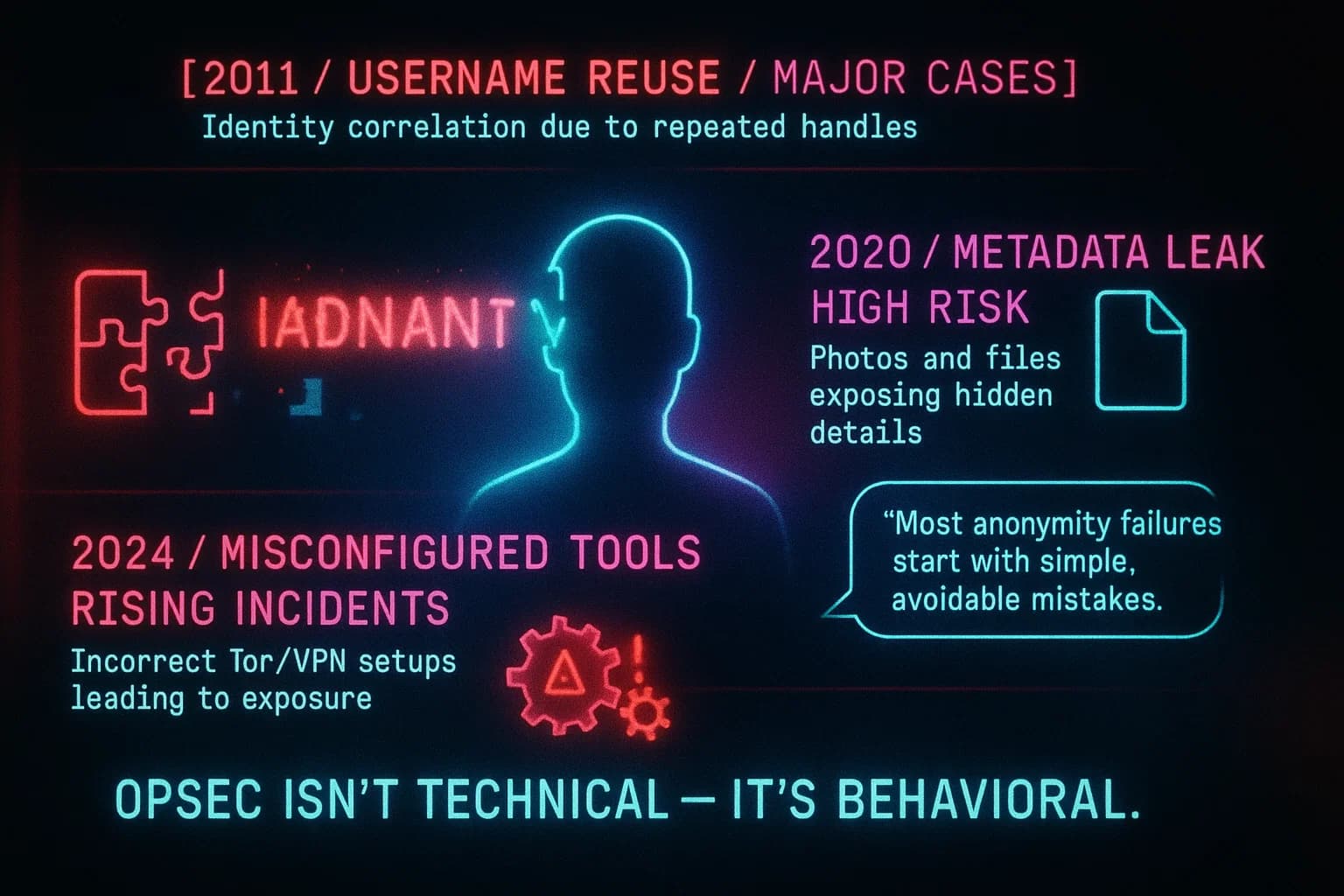 “ALT TEXT: A neon-lit visualization shows common OpSec mistakes—username reuse, metadata leaks, misconfigurations—demonstrated with drifting identity fragments, exposed data streams, and glitching security icons that highlight how simple errors break anonymity.”