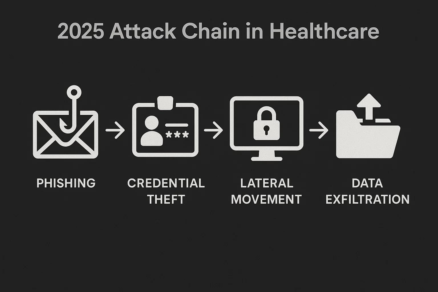 Dark flow with security icons showing each breach step with arrows.