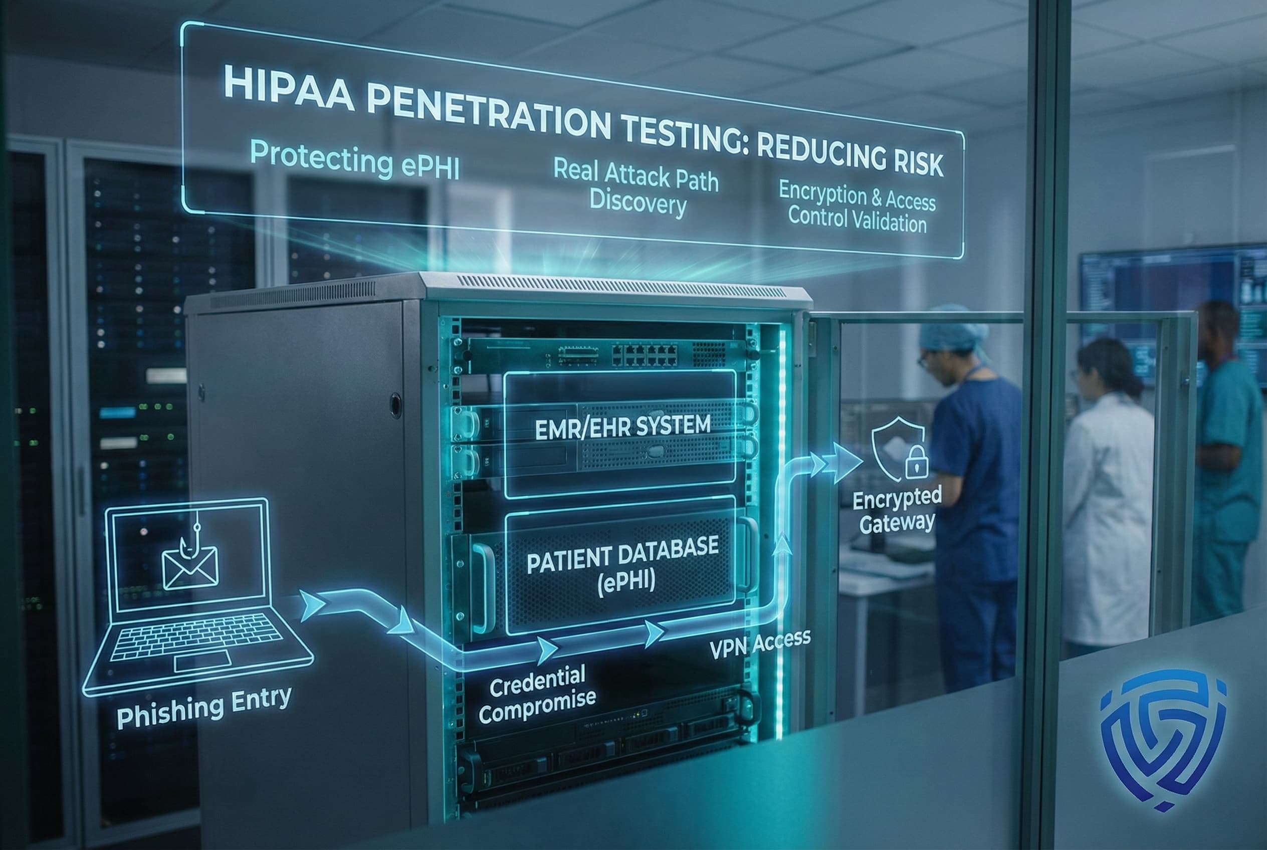 Diagram showing a simulated HIPAA penetration testing scenario where phishing leads to credential compromise, VPN access, and attempted access to EMR/EHR systems and patient databases, with encryption and access controls reducing risk to ePHI.